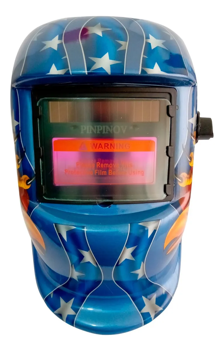 Careta de soldadura autooscurecible azul con diseño de estrellas blancas y llamas, marca Pinpinov, vista frontal.