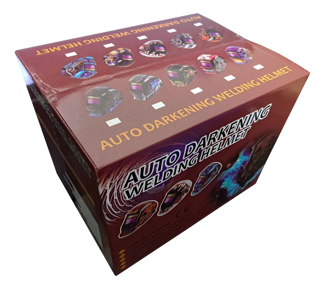 Caja de cartón marrón para careta de soldadura autooscurecible, con ilustraciones de cascos impresas en la tapa y el lateral frontal.