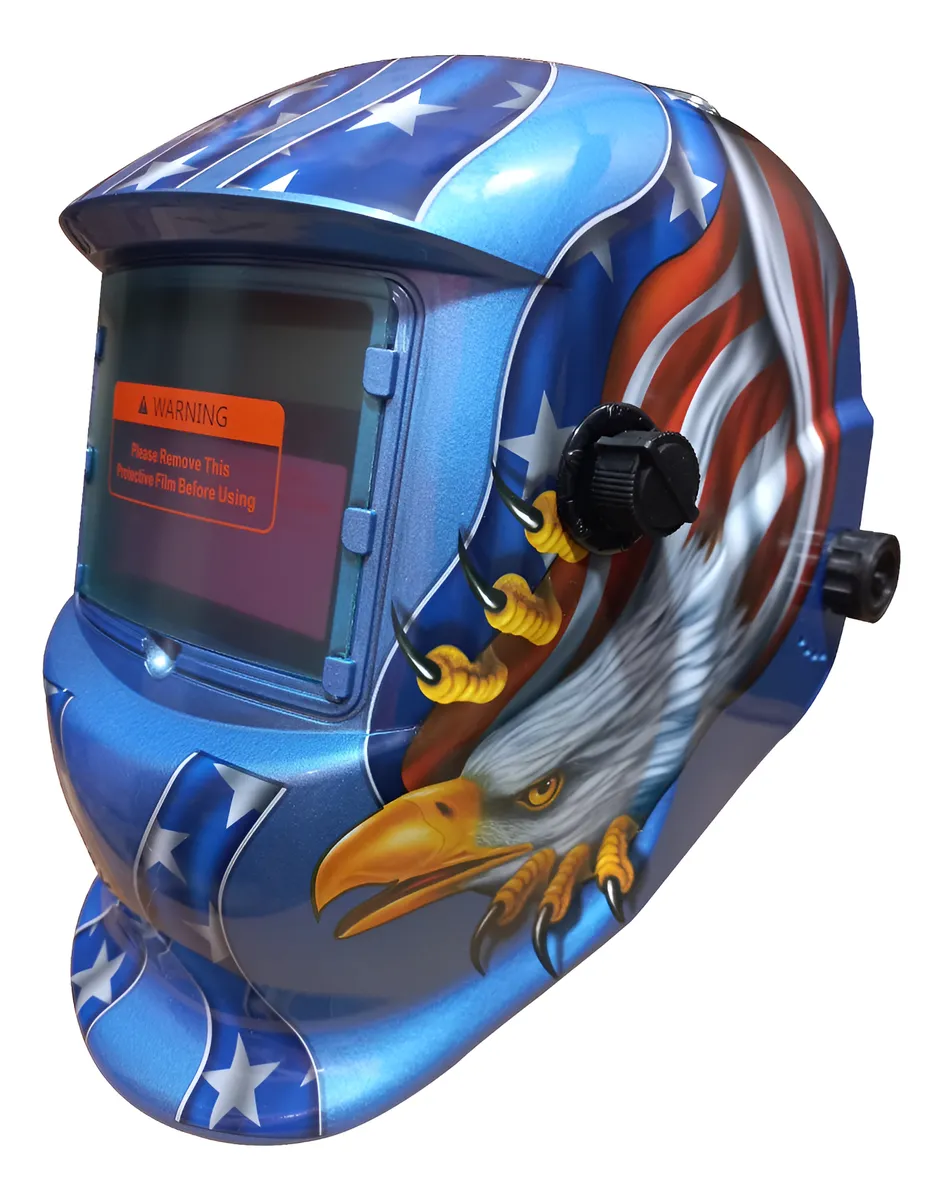 Careta de soldadura con visor autooscurecible, diseño de águila calva con estrellas y franjas rojas y blancas sobre fondo azul.