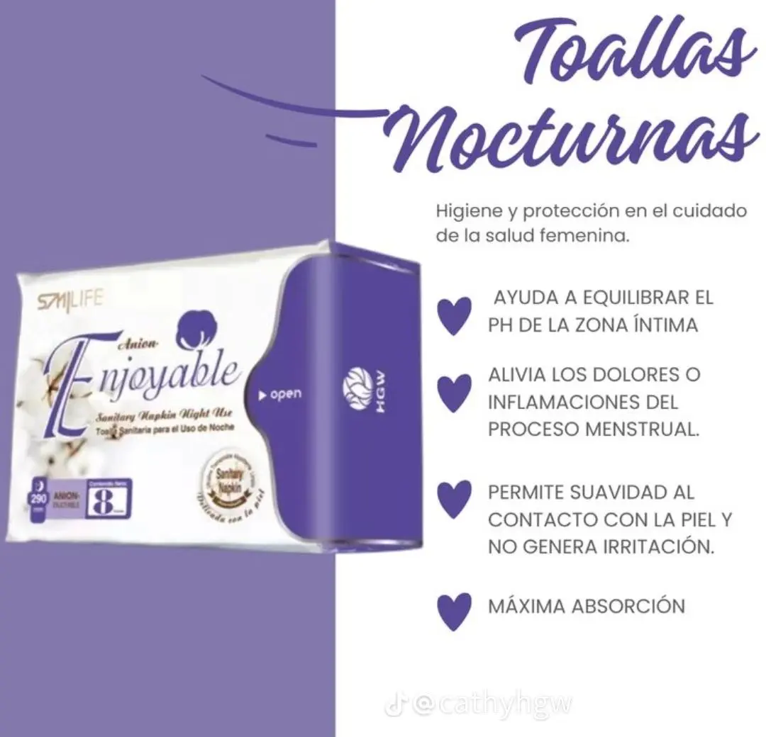Toallas higiénicas nocturnas Smylife Enjoyable en empaque blanco y morado, con máxima absorción y cuidado del pH de la zona íntima.