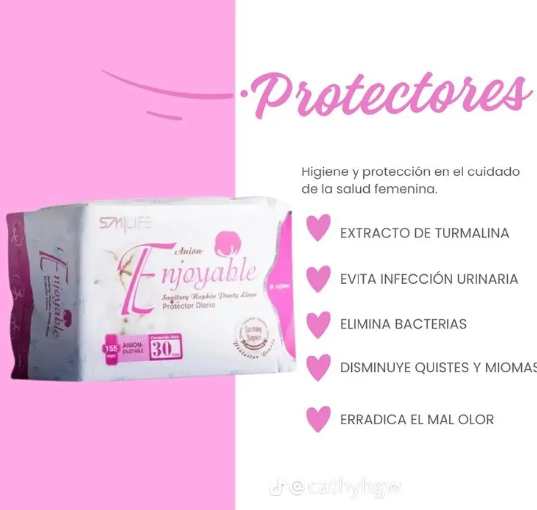 Paquete de protectores diarios Anion Enjoyable color blanco y rosado, de 155 milímetros con 30 unidades, destacando beneficios de higiene íntima.