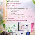 Toallas sanitarias HGW Enjoyable biodegradables, ultra delgadas y absorbentes con banda de turmalina. Tres empaques en colores verde, rosa y azul.