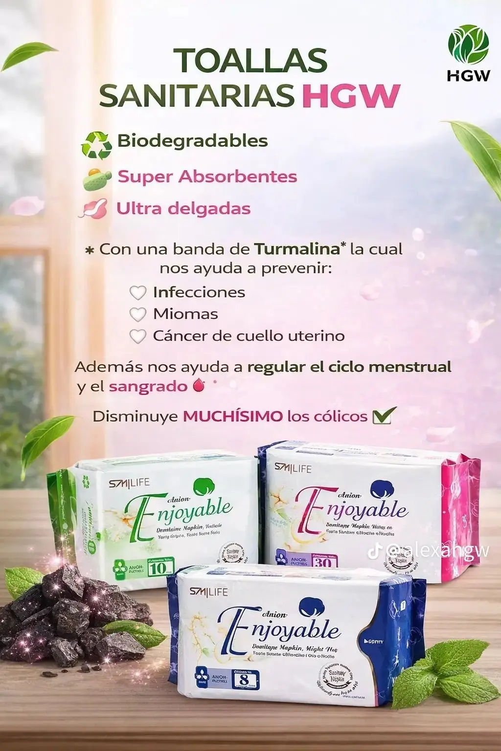 Toallas sanitarias HGW Enjoyable biodegradables, ultra delgadas y absorbentes con banda de turmalina. Tres empaques en colores verde, rosa y azul.