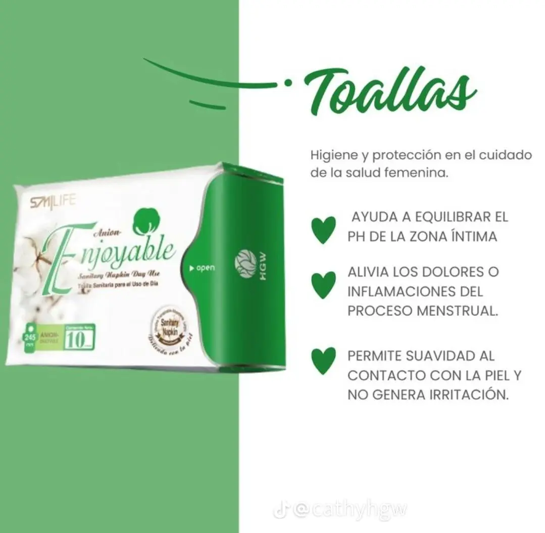 Paquete verde y blanco de toallas higiénicas de uso diario con algodón, que muestra la marca SMLife Enjoyable y una longitud de 245 milímetros.