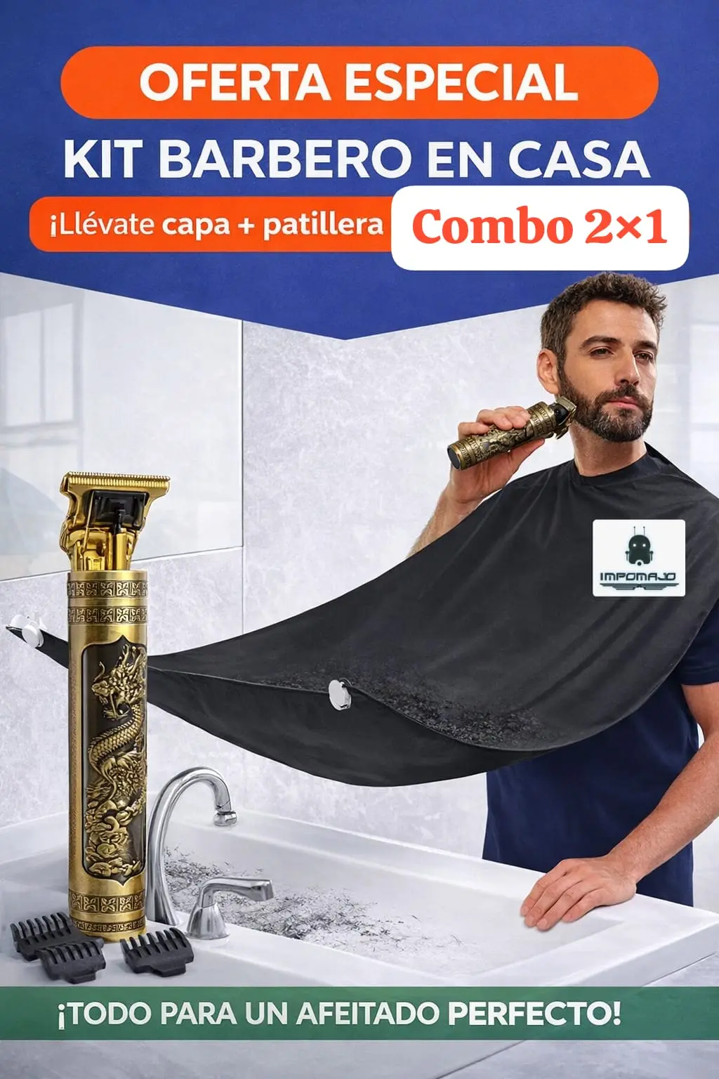 Patillera inalámbrica dorada con grabados de dragón y capa negra atrapa barba, mostradas en un lavamanos de baño para arreglo personal.