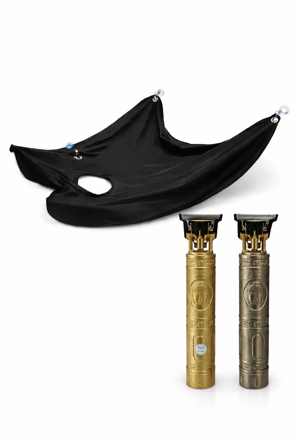 Kit de aseo personal con capa atrapa barba negra y dos patilleras inalámbricas doradas con grabado detallado.