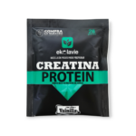 Sachet individual de 28 gramos de mezcla en polvo Ekolavie, proteína vegetal de arveja con creatina sabor vainilla en empaque negro y verde.