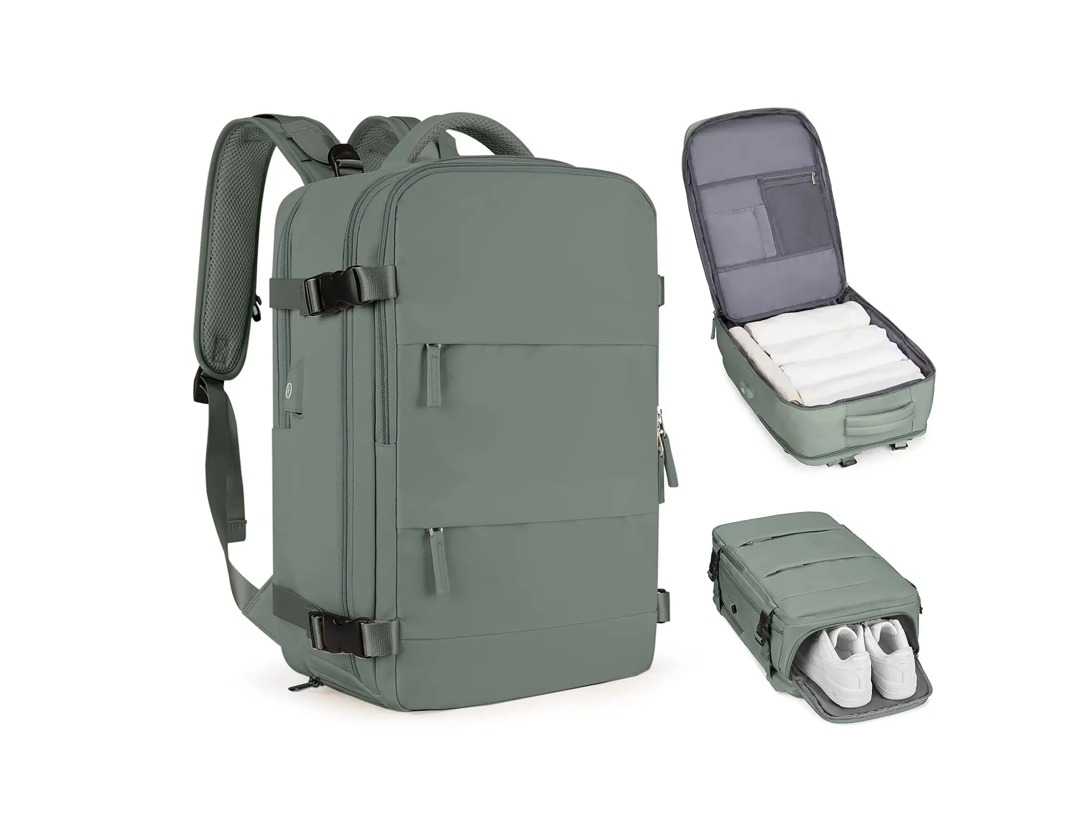 Mochila de viaje impermeable color verde salvia con bolsillos frontales, compartimento abierto con ropa enrollada y sección inferior para zapatos.