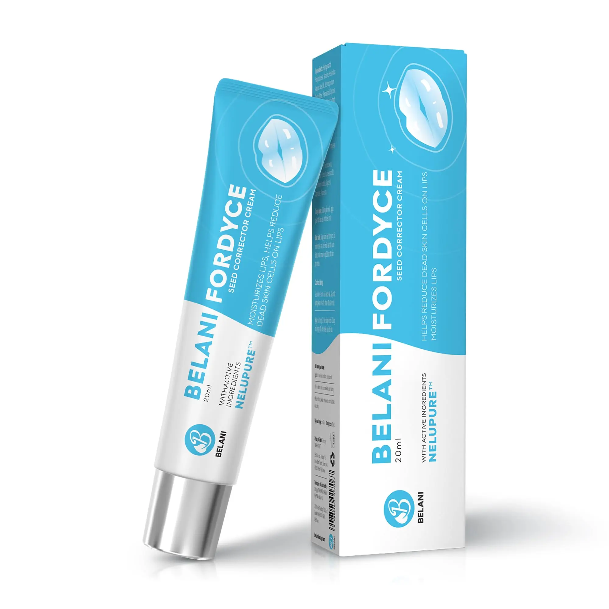 Tubo de crema correctora labial Belani Fordyce de 20 ml en color azul y blanco, inclinado junto a su caja de empaque rectangular con diseño a juego.