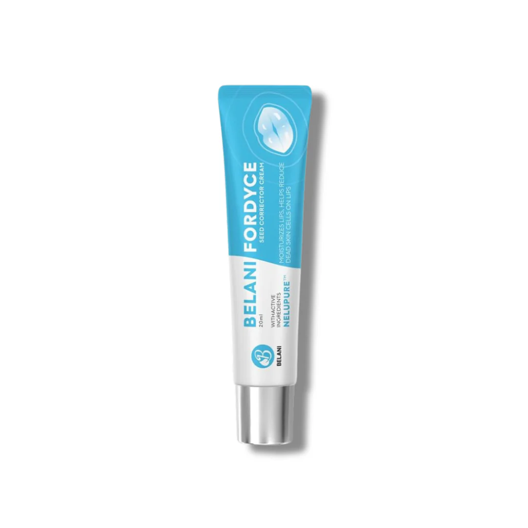 Tubo de crema correctora labial Belani Fordyce de color azul y blanco, con aplicador plateado y de labios.
