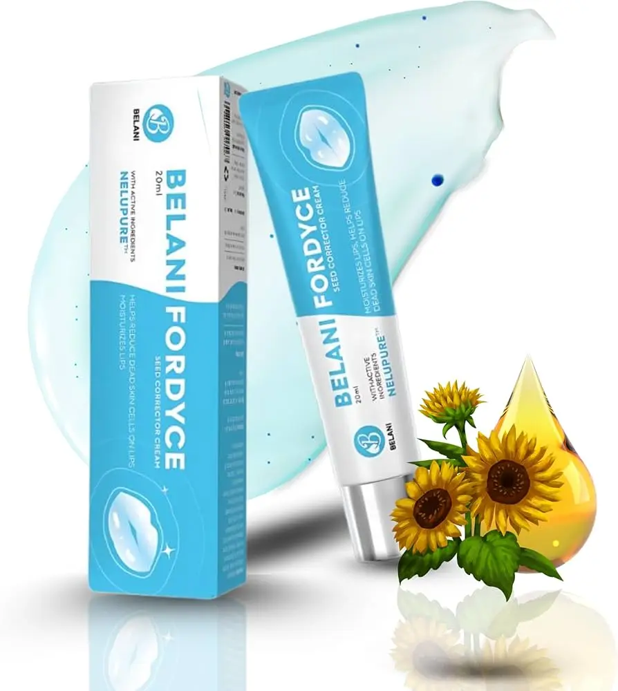 Crema correctora labial Belani Fordyce de 20 ml en tubo y caja celeste, con diseño de labios, flores de girasol y gota de aceite nutritivo.