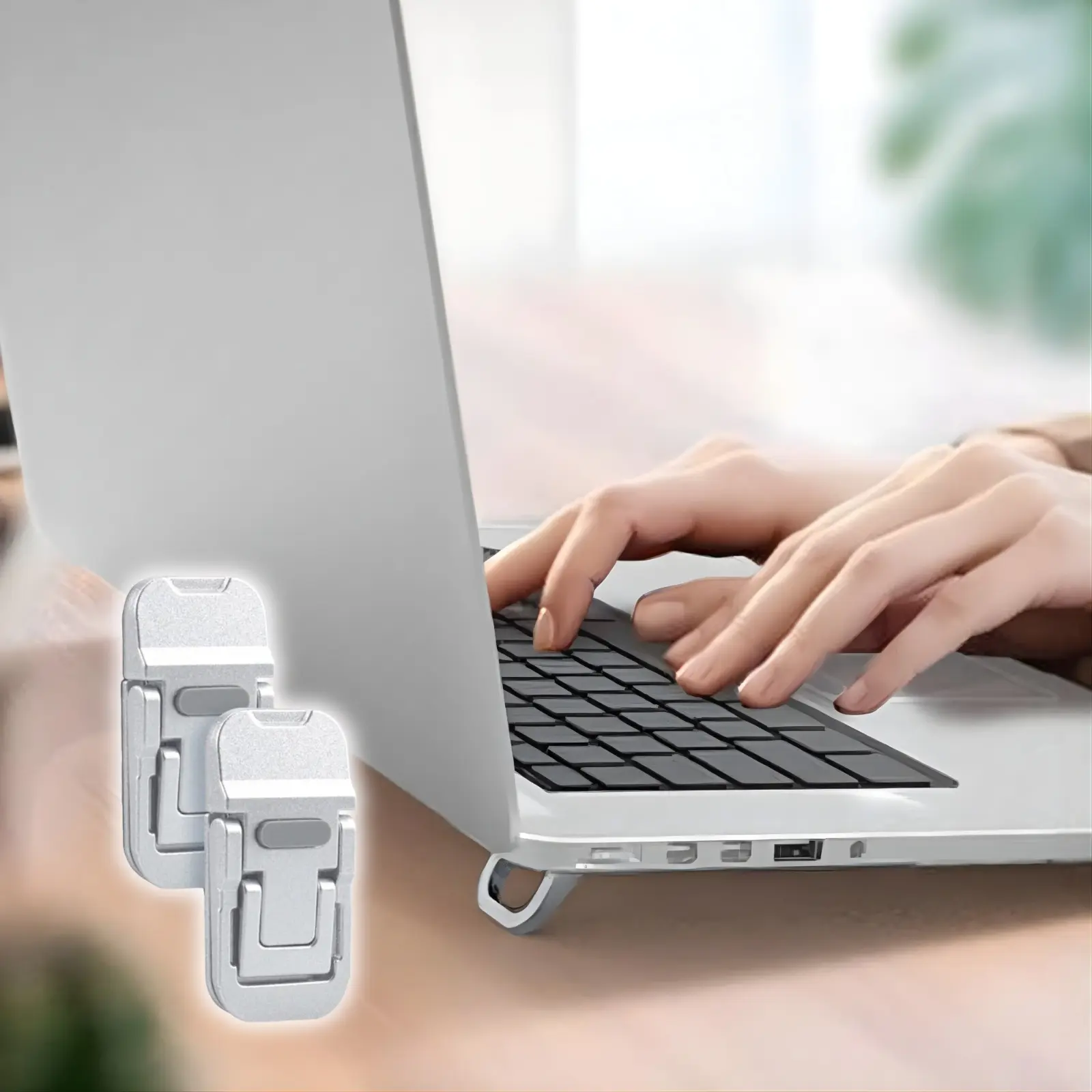 Soporte invisible de acero plateado para laptop, compacto y plegable, montado debajo de la base elevando el computador en un escritorio de madera.