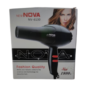 Secador de cabello Nova NV-6130 color negro de 1800W en su caja original con diseño profesional, incluye de modelo y especificaciones técnicas.