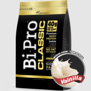 Proteína aislada Bipro Classic sabor vainilla en bolsa negra de 3 lb con detalles dorados y un círculo con un remolino de crema de vainilla