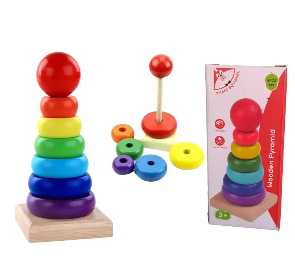 Set de madera torre apilable montessori con anillos de colores, base cuadrada, piezas desarmadas y su caja de empaque.
