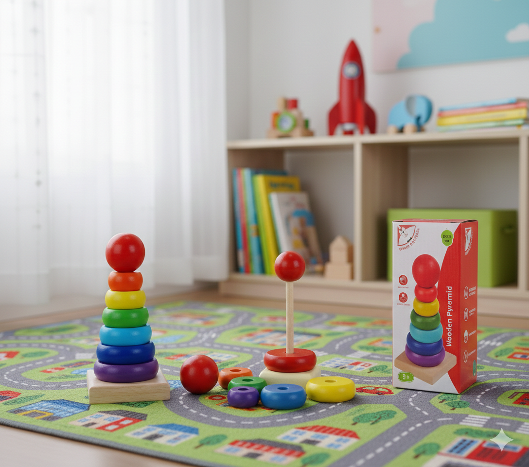 Set de torre apilable de madera arcoíris con anillos de colores, base cuadrada y caja de empaque roja sobre alfombra infantil.