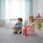 Torre apilable de madera arcoíris Montessori con anillos de colores y base, sobre la alfombra de una habitación infantil junto a dos niños jugando.