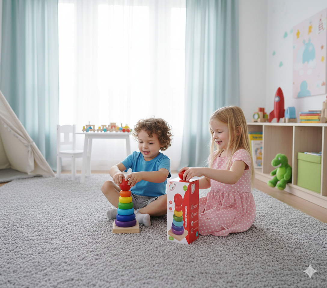 Torre apilable de madera arcoíris Montessori con anillos de colores y base, sobre la alfombra de una habitación infantil junto a dos niños jugando.