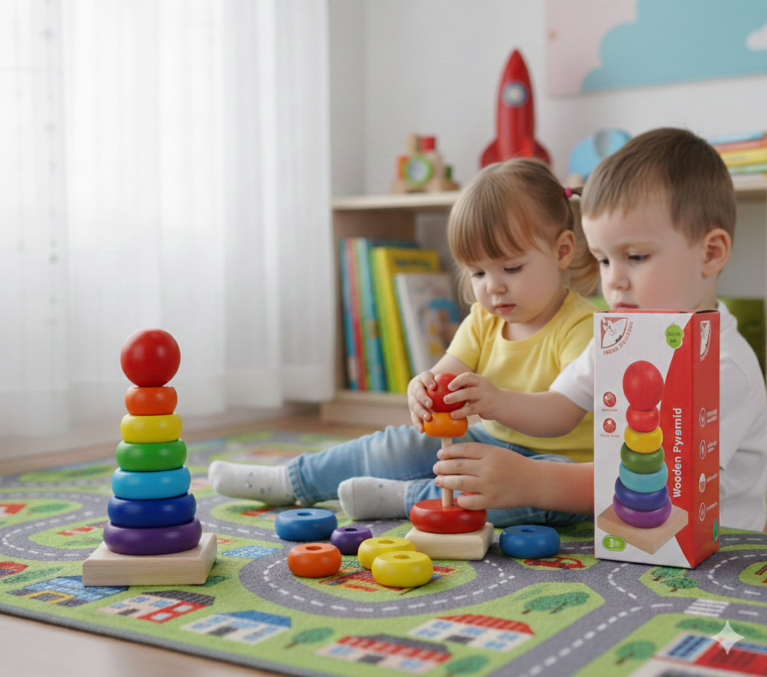 Dos niños juegan en una alfombra con una torre apilable de madera multicolor y sus anillos circulares desarmados junto a la caja del producto.