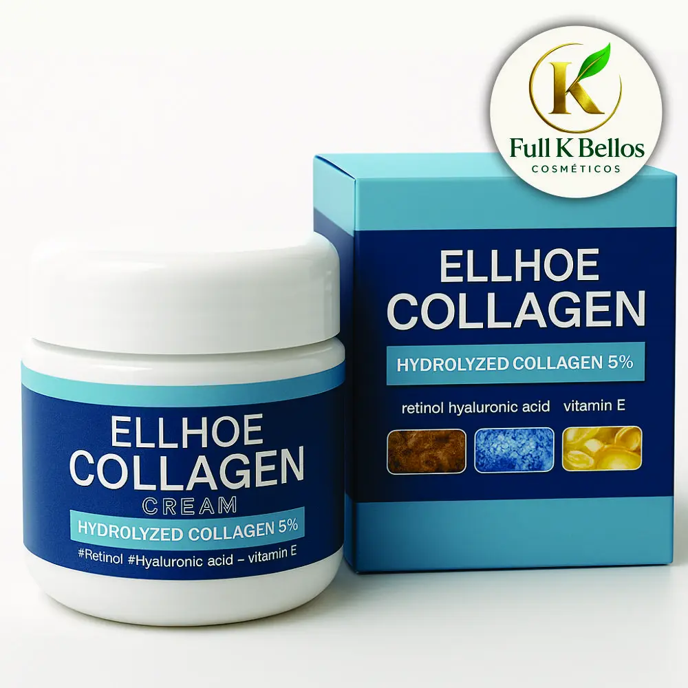 Tarro blanco y caja azul de crema facial Ellhoe Collagen con 5% de colágeno hidrolizado, retinol, ácido hialurónico y vitamina E.