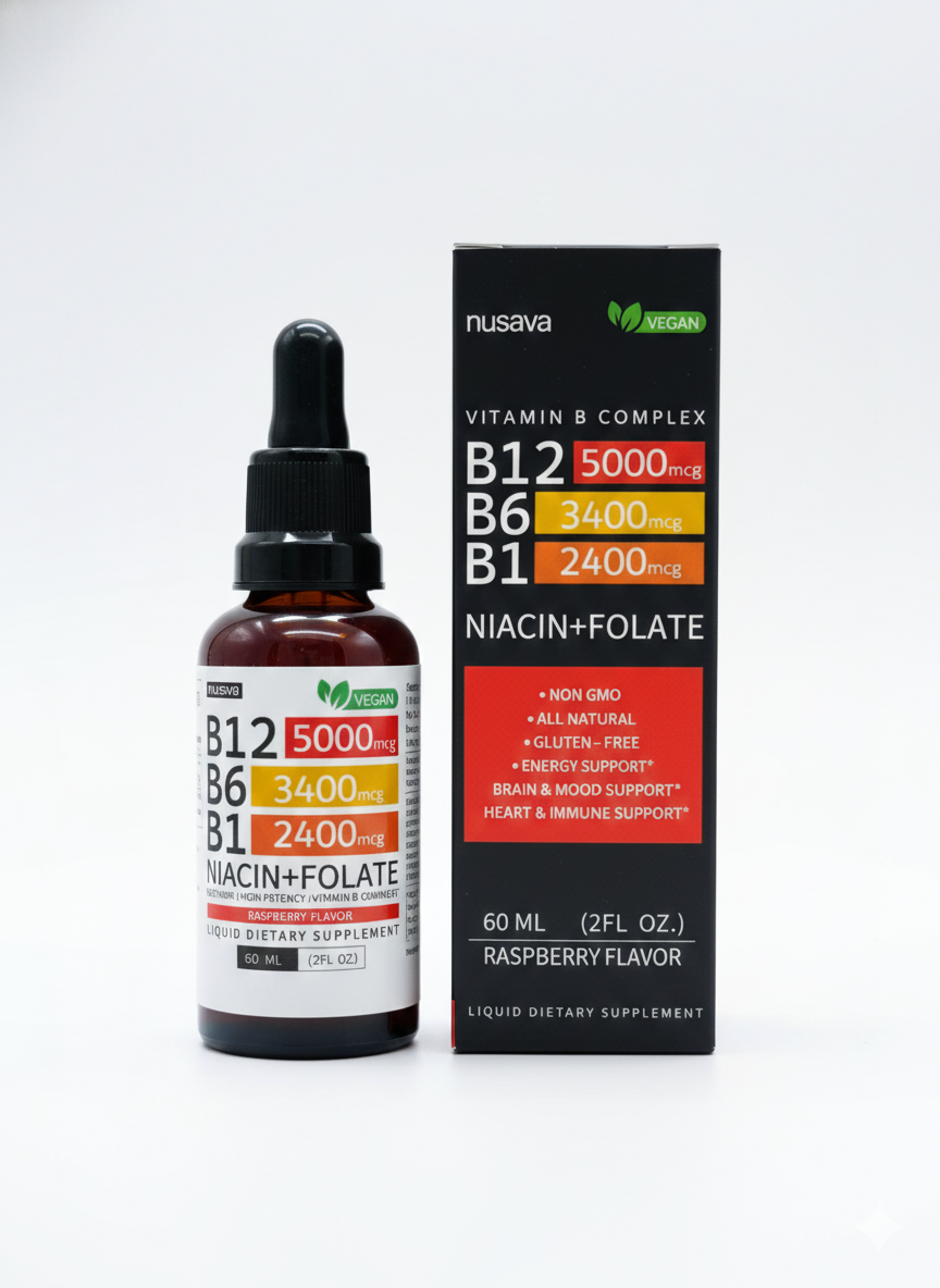 Frasco cuentagotas de vidrio ámbar de 60 ml con etiqueta blanca y su caja negra de vitamina B líquida sabor frambuesa, sobre fondo blanco liso.