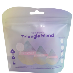 Bolsa de Montoc con tres borlas triangulares de distintos tamaños en tonos degradados azul y beige para difuminar y sellar maquillaje.