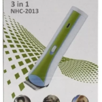 Caja blanca de máquina de afeitar Nova 3 en 1 con diseño verde y gris, detalles de corte y cabezales intercambiables visibles.