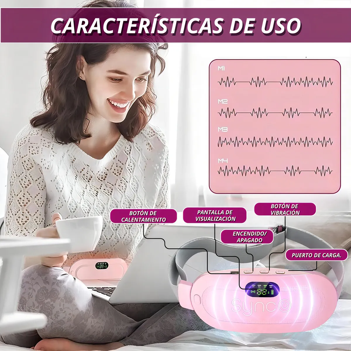 Cinturón térmico y de masaje vibratorio rosa para cólicos, con pantalla digital y modos M1 a M4, usado por una mujer sentada con laptop.