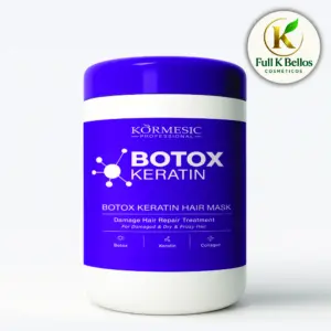 Envase cilíndrico blanco con tapa y etiqueta azul de la mascarilla capilar Botox Keratin Kormesic para reparar cabello dañado y con frizz.