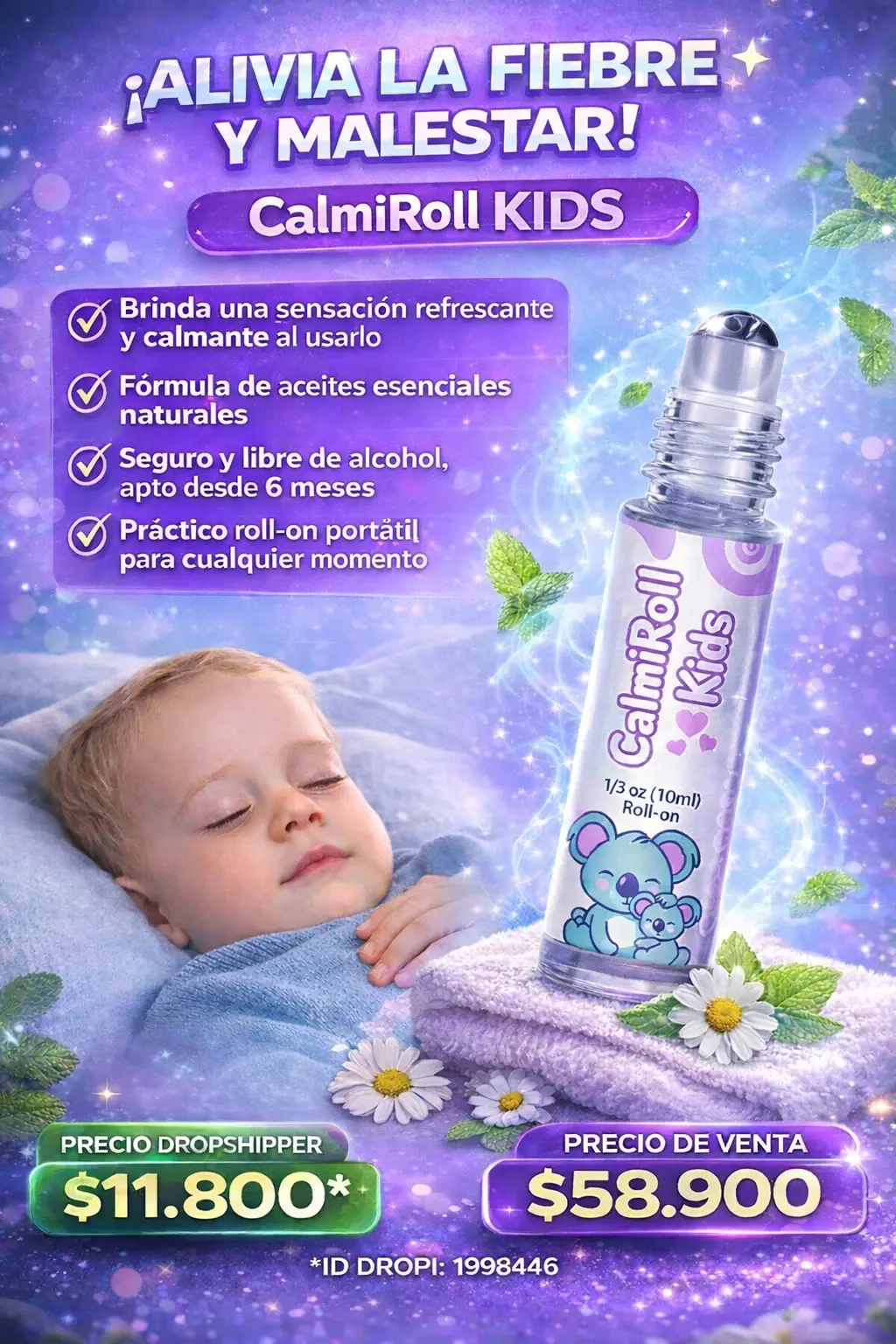 Roll-on refrescante de 10 ml con aceites esenciales naturales y koalas impresos, junto a un bebé durmiendo y margaritas.