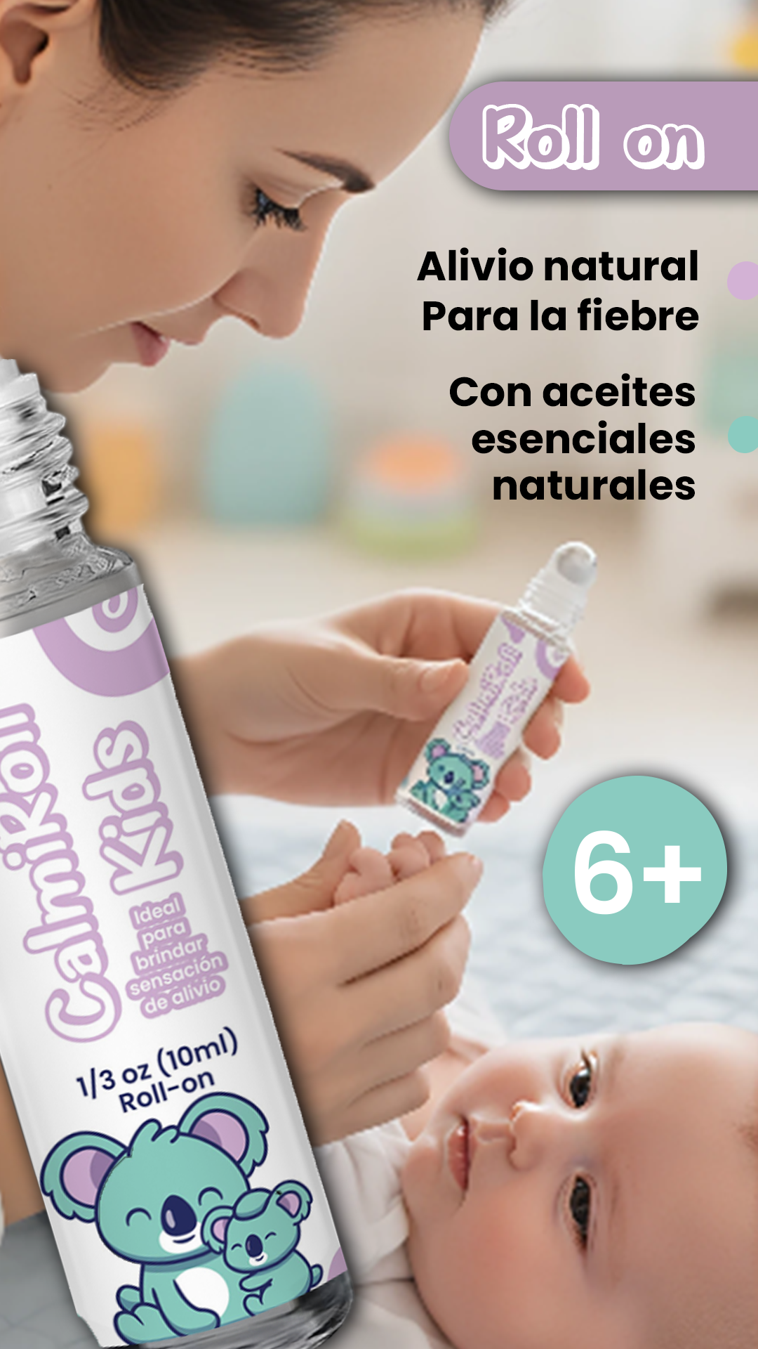 Roll-on natural para fiebre en presentación de 10 ml y frasco grande, con aceite esencial y koala ilustrado, usado por madre en bebé.