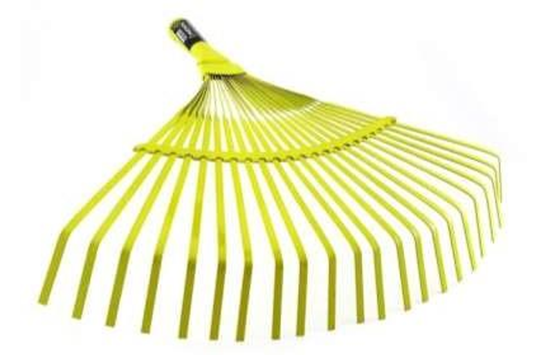 Escoba metálica para jardín color amarillo con 22 dientes para recoger hojas y residuos, sin cabo, vista en ángulo sobre fondo blanco.