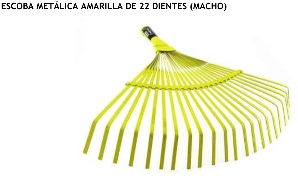 Escoba metálica para jardín color amarillo de veintidós dientes, vista en ángulo sobre fondo blanco, ideal para recoger hojas y residuos.