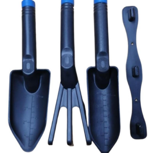 Kit de jardinería negro de 4 piezas: dos palas con medidor de profundidad de hasta 10 cm, un rastrillo de tres dientes y una pieza de soporte organizador.