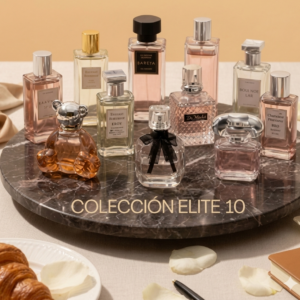 Set x10 perfumes variados en frascos de cristal y vidrio de diseño elegante, exhibidos sobre bandeja giratoria de mármol negro con texto Colección Elite 10.