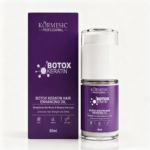 Aceite capilar Kormesic Botox con Keratina de 60 ml, en envase dosificador blanco y morado junto a su caja rectangular a juego.
