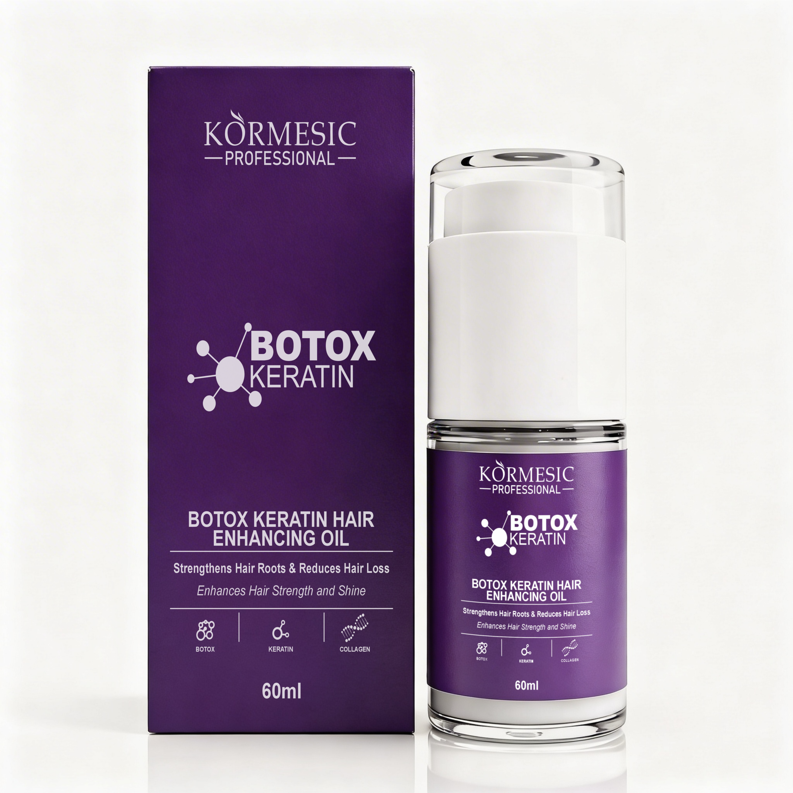 Aceite capilar Kormesic Botox con Keratina de 60 ml, en envase dosificador blanco y morado junto a su caja rectangular a juego.