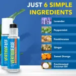 Dos roll-on de aceite esencial para vértigo de 1/3 oz, junto a la lista de seis ingredientes naturales sobre fondo azul.