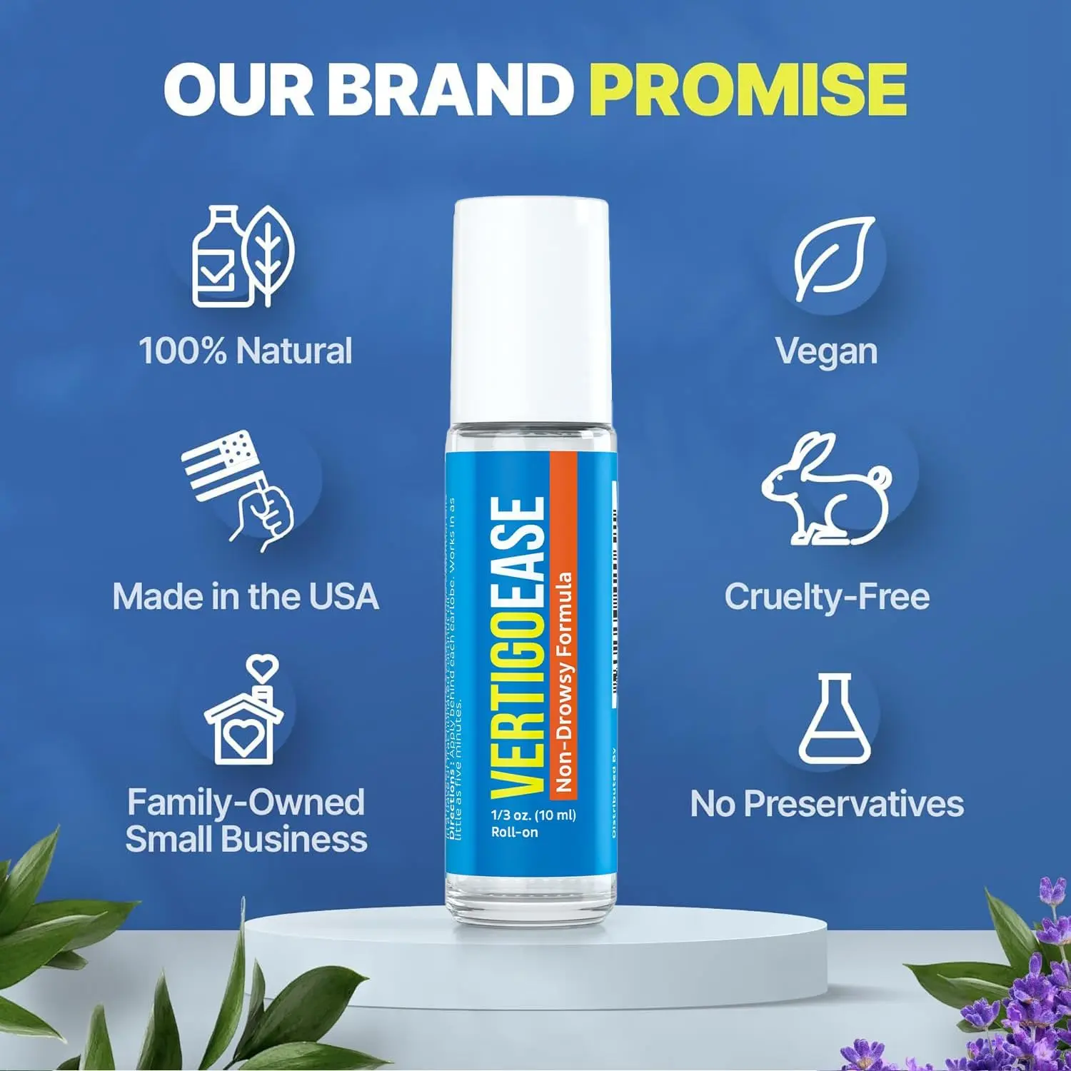Roll-on Vertigoease de 10 ml para aliviar el vértigo y mareos sin somnolencia sobre base blanca, con iconos naturales y fabricado en Estados Unidos.