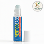 Frasco de vidrio roll-on para vértigo de 10 ml con fórmula no somnolienta, tapa blanca separada y logotipo superior.
