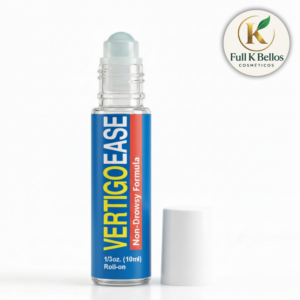 Frasco de vidrio roll-on para vértigo de 10 ml con fórmula no somnolienta, tapa blanca separada y logotipo superior.