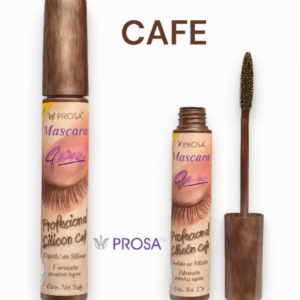 Máscara de pestañas Prosa tono café a prueba de agua con cepillo de silicona, mostrada cerrada y abierta.
