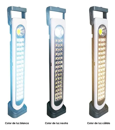 Lámparas LED portátiles con foco COB y mango, mostrando tres variantes de temperatura de color: luz blanca, neutra y cálida.
