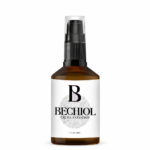 Frasco ámbar de vidrio de 30 ml con dosificador negro, etiqueta blanca minimalista y logo B con flores tenues de fondo.