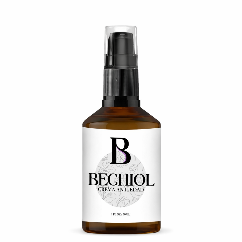 Frasco ámbar de vidrio de 30 ml con dosificador negro, etiqueta blanca minimalista y logo B con flores tenues de fondo.