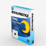Caja azul y blanca de parches Royal Prestige Deep Sleep Patch con diseño de luna amarilla y estrellas, mostrada en ángulo de tres cuartos.