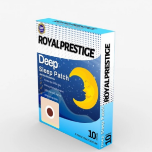 Caja azul y blanca de parches Royal Prestige Deep Sleep Patch con diseño de luna amarilla y estrellas, mostrada en ángulo de tres cuartos.