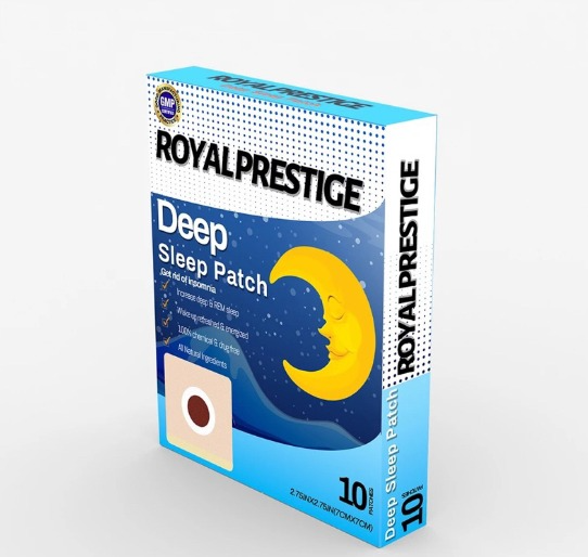 Caja de parches transdérmicos Royal Prestige Deep Sleep Patch con diseño de luna amarilla y fondo azul nocturno, contiene 10 unidades.