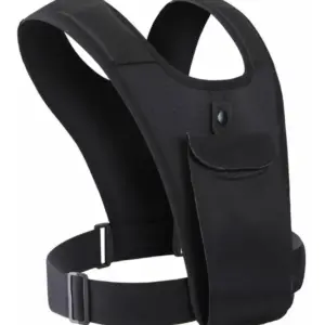 Chaleco deportivo de neopreno negro ajustable para correr, con soporte frontal para celular y correas elásticas con hebillas.