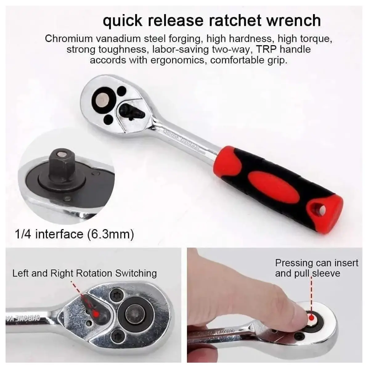 Llave de trinquete de acero al cromo vanadio con mango ergonómico rojo y negro, interfaz de 1/4 pulgada, selector de giro y botón de liberación rápida.